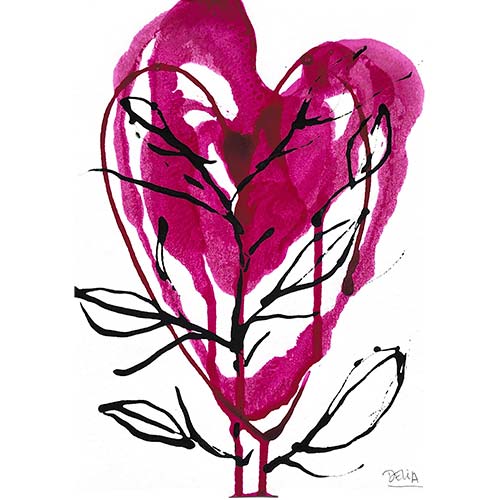 corazón flor tinta magenta A5 original firmado Delia Rubio